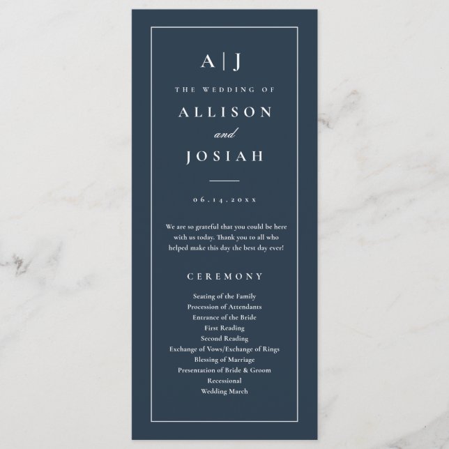 Elegant Monogram Marinblå Bröllop Program (Framsida)