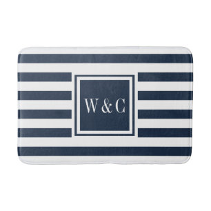 Elegant monogram marinblå vit rand badrumsmatta