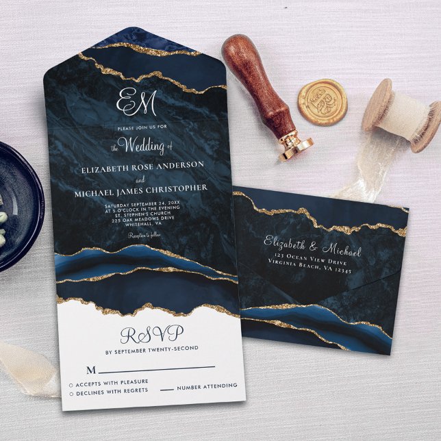 Elegant Monogram marinblått agate Bröllop (Skapare uppladdad)