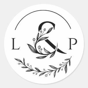 Elegant monogram med blommigt ampersand inbjudan runt klistermärke