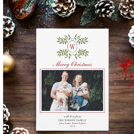 Elegant Monogram med Greenery Family Photo Julkort