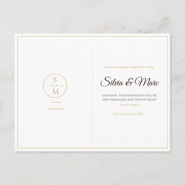 Elegant Monogram Minimal Bröllop Spara Datum Meddelande Vykort (Framsida)