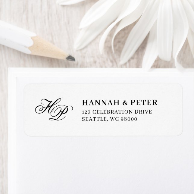 Elegant Monogram Minimal svartvitt Bröllop Returadress Etikett (Insitu)