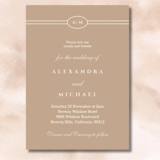 Elegant Monogram Minimalistisk Cream Taupe Bröllop Inbjudningar