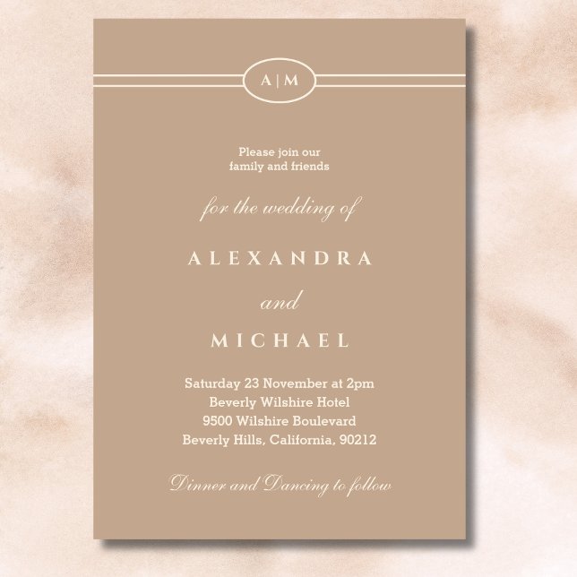 Elegant Monogram Minimalistisk Cream Taupe Bröllop Inbjudningar (Skapare uppladdad)