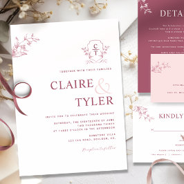 Elegant Monogram Modern Burgundy, Rosa Bröllop Inbjudningar
