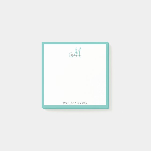 Elegant Monogram Modern Endern Girly Teal Post-it Block (Framsida)