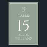 Elegant Monogram Modern Script Sage Grönt Bröllop Bordsnummer<br><div class="desc">Följ gästerna till deras platser med stil med hjälp av våra Elegant Monogram Modern Script Sage Grönt Bröllop Bordsnummer-kort. De här vackert designade korten har en lyxig grönt och vit palett, perfekt för att tillföra en smula sofistikering till alla formella ärenden. Det förfinade kalligrafiskriptet och den klassiska monogramdesignen skapar ett...</div>
