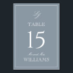 Elegant Monogram Modern skript - blått Bröllop Bordsnummer<br><div class="desc">Följ gästerna till deras platser med stil med hjälp av våra Elegant Monogram Modern Script Dusty Blue Bröllop Bordsnummer Card. De här vackert designade korten har en luxuriös, dammig, blå och vit palett, perfekt för att tillföra en smula sofistikering till alla formella ärenden. Det förfinade kalligrafiskriptet och den klassiska monogramdesignen...</div>