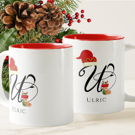 Elegant Monogram Modern Skript Initial U Jul Två-Tonad Mugg