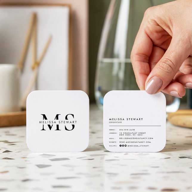 Elegant, monogram, modern, svart, vit, rundad fyrkantigt visitkort (Elegant monogram modern black white rounded)