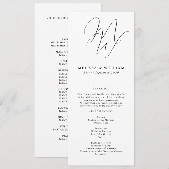 Elegant Monogram Moderna Initialer Vit Bröllop Program (Fram/baksida)