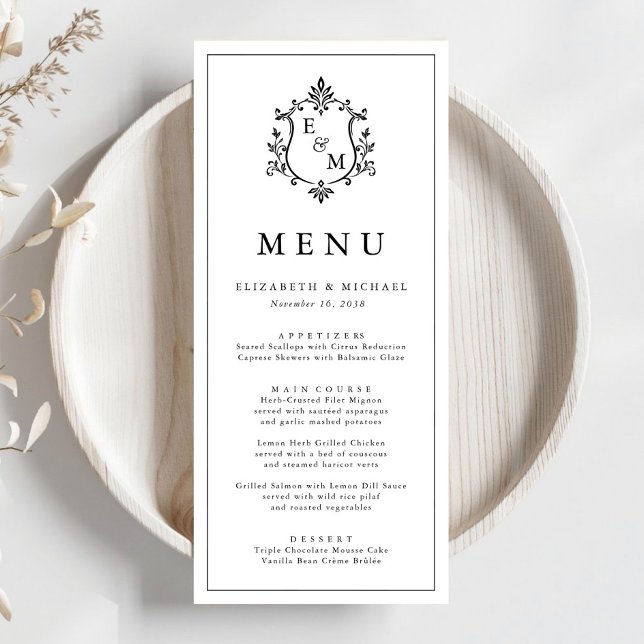 Elegant Monogram-monogram Bröllopsmeny Program (Elegant Monogram Crest Wedding Menu)