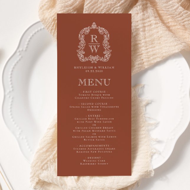 Elegant Monogram-monogram Krön Terrakotta Bröllop Meny (Skapare uppladdad)
