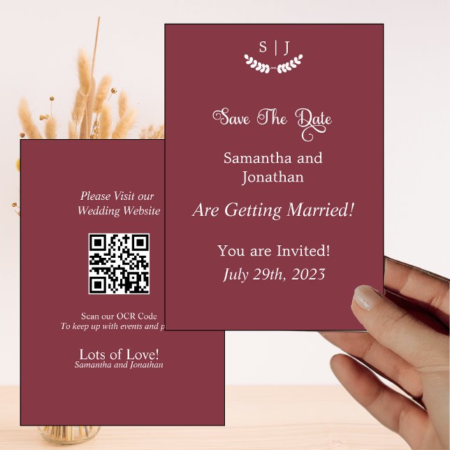 Elegant Monogram Mörk Red Jewel Tone SaveDate Card Inbjudningar (Skapare uppladdad)