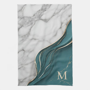 Elegant Monogram Mörk Teal Guld Marble Kökshandduk