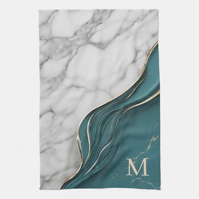 Elegant Monogram Mörk Teal Guld Marble Kökshandduk (Vertikal)