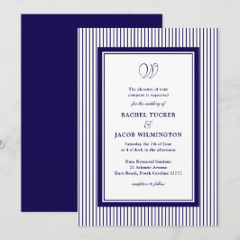 Elegant Monogram Mörkblå Randig Bröllop Inbjudningar