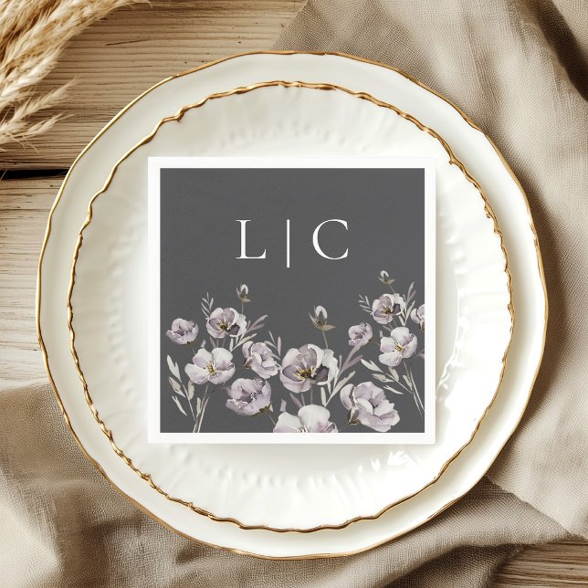 Elegant monogram mörkgrå akvarellblomma pappersservett (Skapare uppladdad)