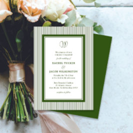 Elegant Monogram Mörkgrön Randig Bröllop Inbjudningar