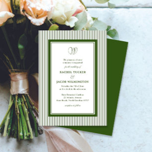 Elegant Monogram Mörkgrön Randig Bröllop Inbjudningar