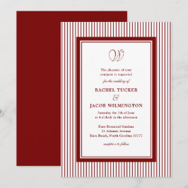 Elegant Monogram Mörkröd Randig Bröllop Inbjudningar