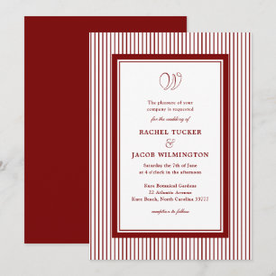 Elegant Monogram Mörkröd Randig Bröllop Inbjudningar
