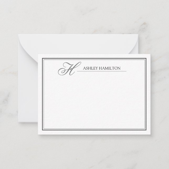 Elegant Monogram Namn Black Grått Note Card Anteckningskort (Framsida)