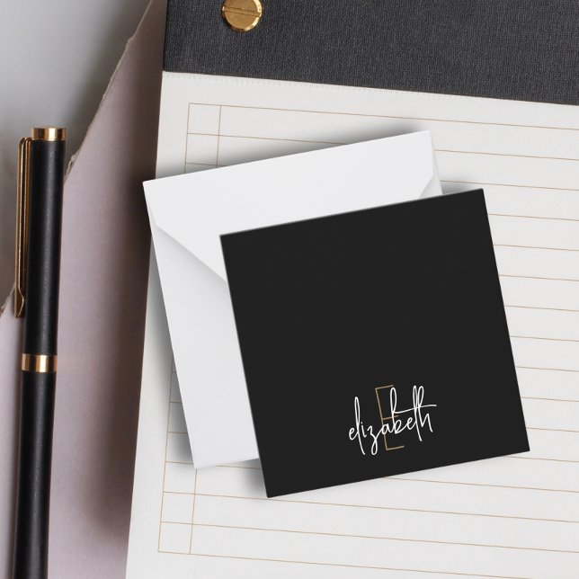 Elegant Monogram Namn Black Guld Anteckningskort (Skapare uppladdad)