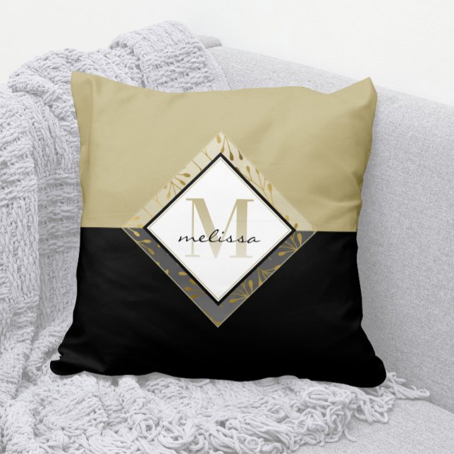 Elegant Monogram + Namn Black + Tan + Guld Kudde (Elegant Ombre Monogram Throw Pillow with Any Name )