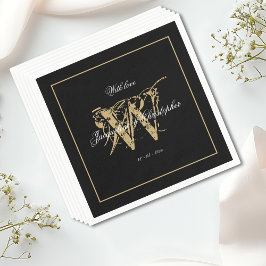 Elegant Monogram Namn Black White Guld Bröllop Pappersservett