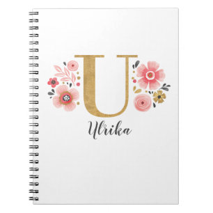 Elegant Monogram Namn Blommigt White Rosa Script Anteckningsbok