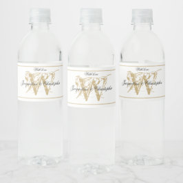 Elegant Monogram Namn Chic White & Guld Bröllop Vattenflaskor Etikett