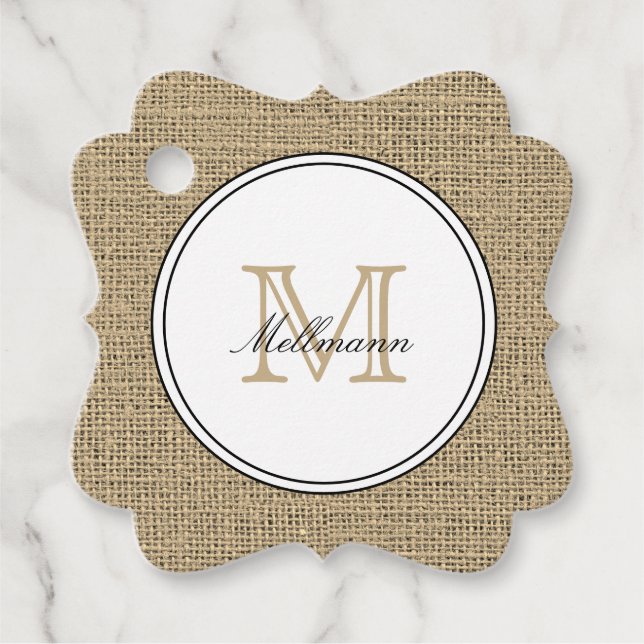 Elegant Monogram Namn Country Chic Stil Burlap Gåvor Etiketter (Framsida)