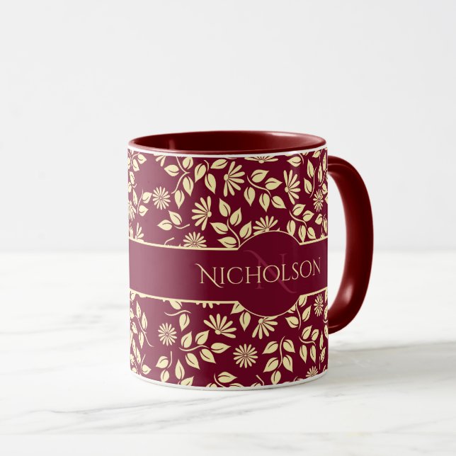 Elegant Monogram Namn Löv Daisy Mönster Burgundy Mugg (Framsida höger)