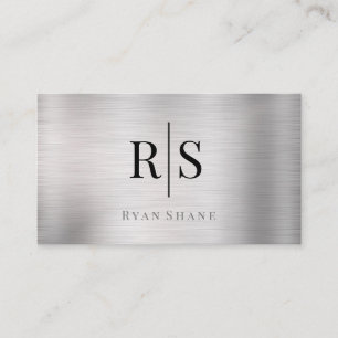 Elegant Monogram & Namn, QR-kod, Brushed Silver Visitkort