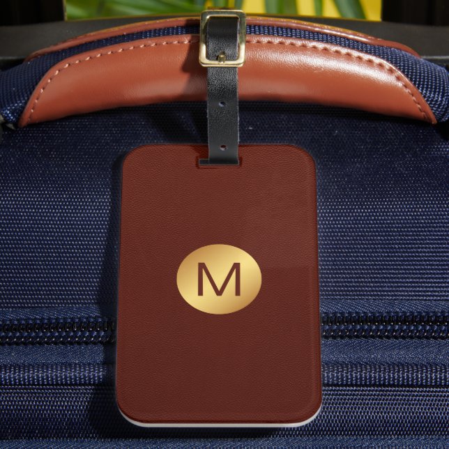 Elegant Monogram Namn Red Leather & Guld Bagagebricka (Framsida Insitu 2)