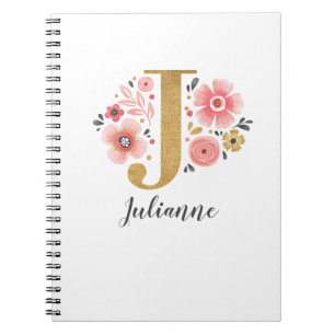 Elegant Monogram Namn Rosa Guld Blommigt Script Anteckningsbok