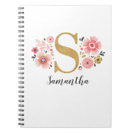 Elegant Monogram Namn Rosa White Blommigt Office Anteckningsbok