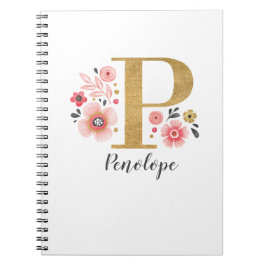 Elegant Monogram Namn Rosa White Blommigt Office Anteckningsbok
