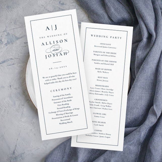 Elegant Monogram Navy Blue Bröllop Program (Elegant Navy Blue and White Wedding Programs with Monogram.)