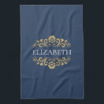 Elegant Monogram Navy Blue Guld Kökshandduk<br><div class="desc">En elegant- och chic marin blått och guld blomstrar i monokerhanddukar. Lägg till ditt namn mellan blommigten guld blomstrar på framsidan. Designad av Blackberry Boulevard.</div>