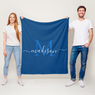 Elegant Monogram Navy Blue White Modern Script Fleecefilt