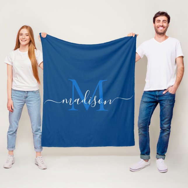 Elegant Monogram Navy Blue White Modern Script Fleecefilt (På plats)