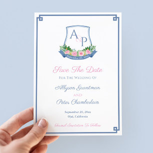 Elegant Monogram Navy Rosa ros Bröllop Vapensköld Spara Datumet