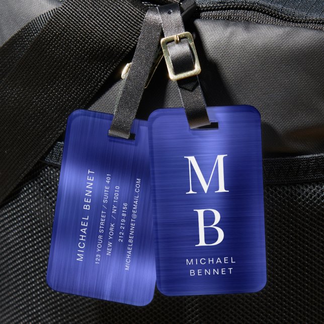 Elegant Monogram Navyblå Borstad Metallisk Bagagebricka (Elegant Monogrammed Navy Blue Brushed Metallic Luggage Tag)