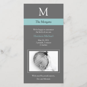 Elegant Monogram Nyfödd bebis-fotokort - Grått/blå Meddelande