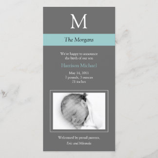 Elegant Monogram Nyfödd bebis-fotokort - Grått/blå Meddelande