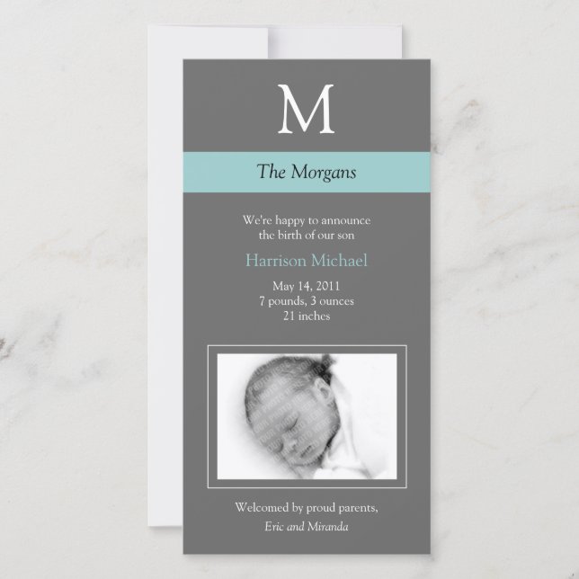 Elegant Monogram Nyfödd bebis-fotokort - Grått/blå Meddelande (Framsida)