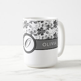 Elegant Monogram och Blommönster Black Kaffemugg